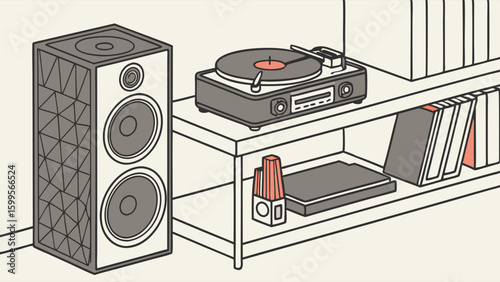 Retro Stereo System with Turntable and Bookshelf Speakers.