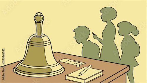 School Bell and Students Silhouettes at Desk Ready for Class.