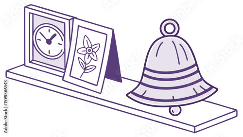 Shelf with Clock Flower Picture and Bell Illustration.