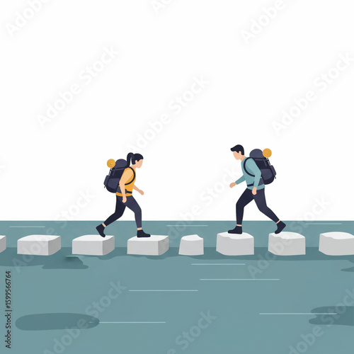 Two hikers with backpacks traverse a series of stepping stones across a body of water.