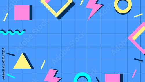 80s style graphic with colorful geometric shapes on a grid, suitable for social media posts, retro designs, and poster backgrounds.
