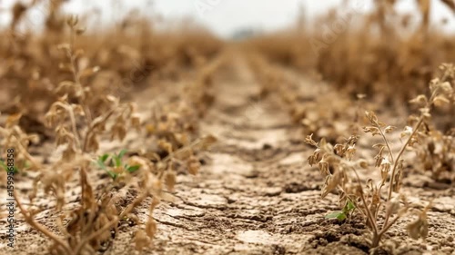 Dried crops struggling for life in parched soil during a harsh summer drought in a farm field