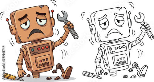 Broken robot repair cartoon vector illustration for kids coloring page and design element concept art