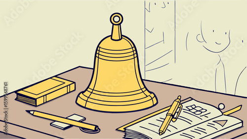 Yellow Desk Bell with Book Pencil and Pens.