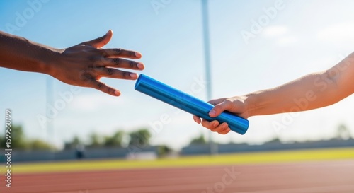 Relay Race Hand-off: Blue Baton Exchange on Track, Sunny Day