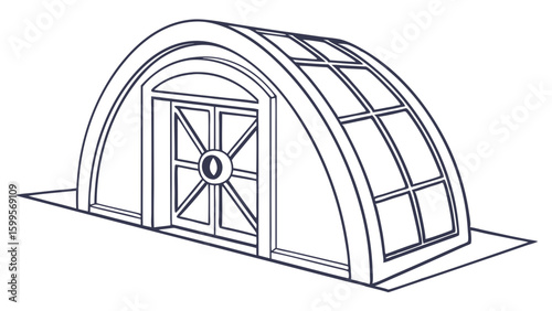 Arched Greenhouse Structure with Door and Window Panes Line Art.