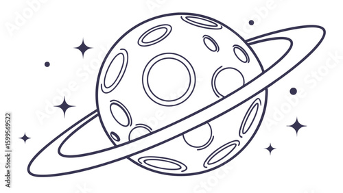 Cartoon planet with rings and circular craters surrounded by stars.