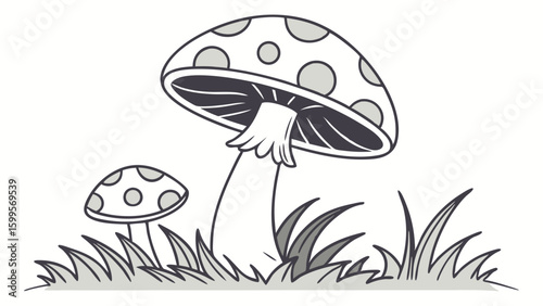 Cartoon Mushrooms with Spotted Caps in a Grassy Patch.