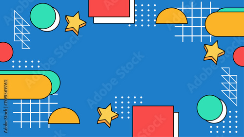 Vibrant geometric shapes on a blue background, ideal for graphic design projects, web backgrounds, and modern artistic concepts.