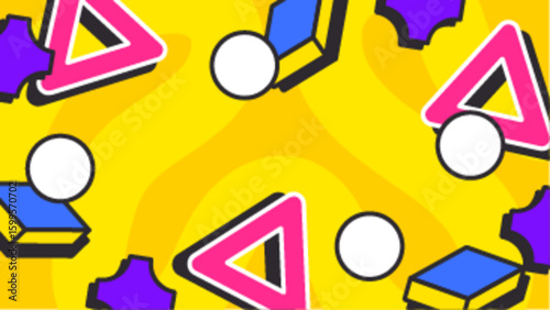 Vibrant yellow background with pink triangles and blue shapes. Perfect for modern and playful design projects, invitations, and social media graphics.
