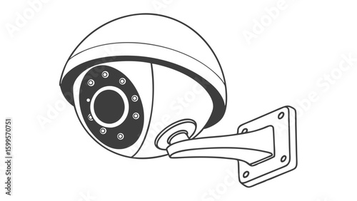 Dome security camera outline drawing with mounting bracket.