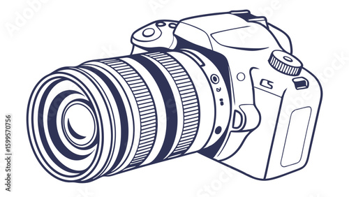 DSLR Camera with Large Lens Line Art Illustration.
