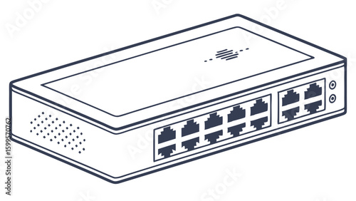 EightPort Network Switch Isometric Line Art Illustration.
