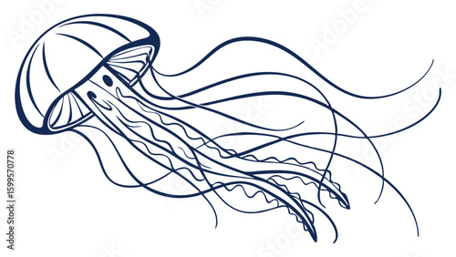 Elegant Blue Jellyfish Line Art Illustration on Transparent Background.