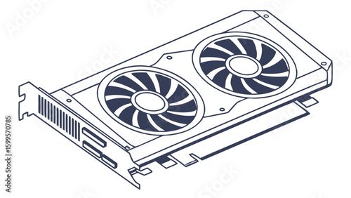 DualFan Graphics Card Isometric Line Art Illustration.