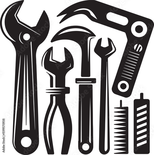 Assorted tools silhouette black and white wrench pliers
