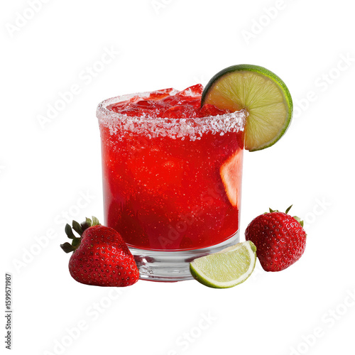 Vibrant red cocktail, garnished with lime and strawberries
