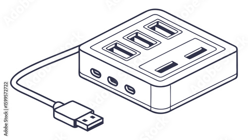 Isometric Illustration of a FourPort USB Hub with Cable.