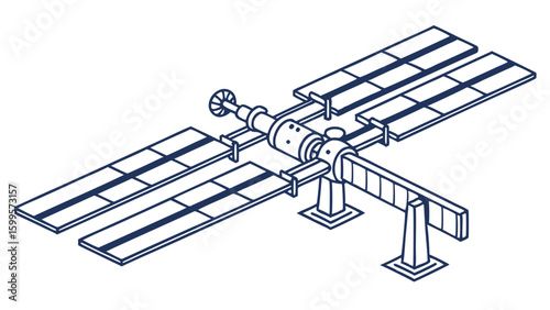 Isometric Line Drawing of a Space Station with Solar Panels.