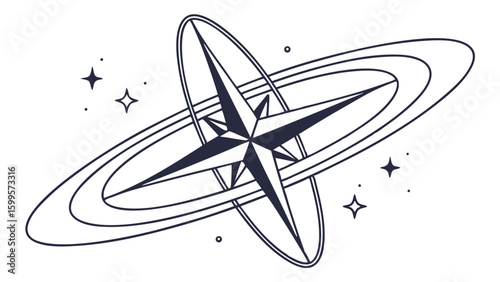 Line art illustration of a compass rose with rings and stars.
