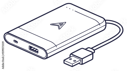 Line Art Illustration of a Portable Power Bank with USB Cable.