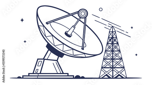 Line Art Illustration of a Satellite Dish and Communication Tower.