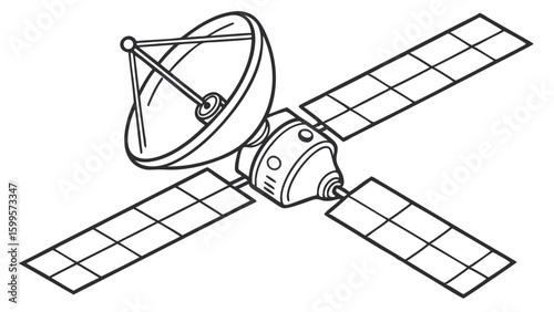 Line Art Illustration of a Satellite with Solar Panels and Antenna.
