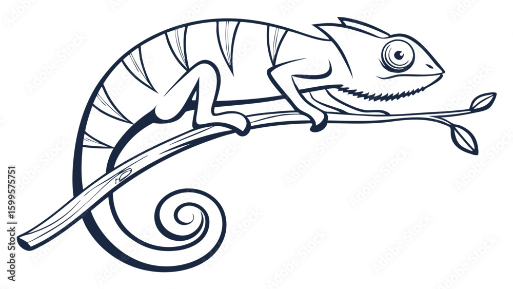Fototapeta premium Stylized Black and White Chameleon Perched on a Branch.