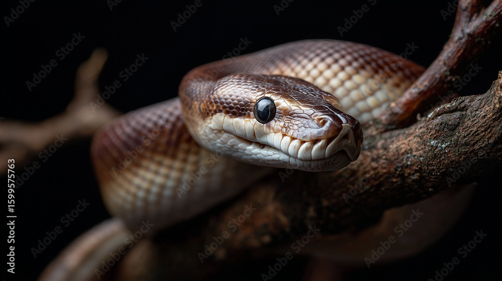 Fototapeta premium Snake Coiled on Branch with Intense Gaze in Dark Environment