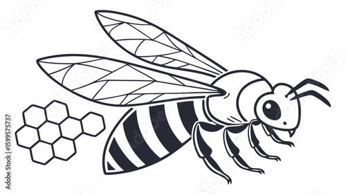 Stylized Bee Illustration with Honeycomb Black and White Outline.
