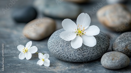 White flower placed on smooth stone background | stock photo, spa wellness concept, nature minimal theme