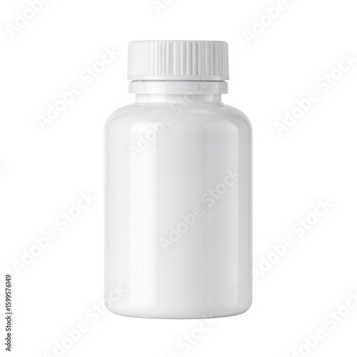 White plastic supplement bottle mockup for pills capsules and vitamins on transparent background