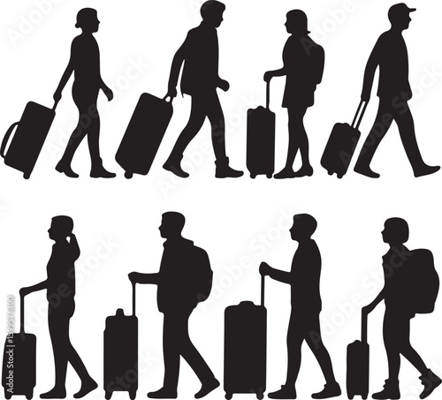 Diverse people silhouettes traveling with luggage suitcase