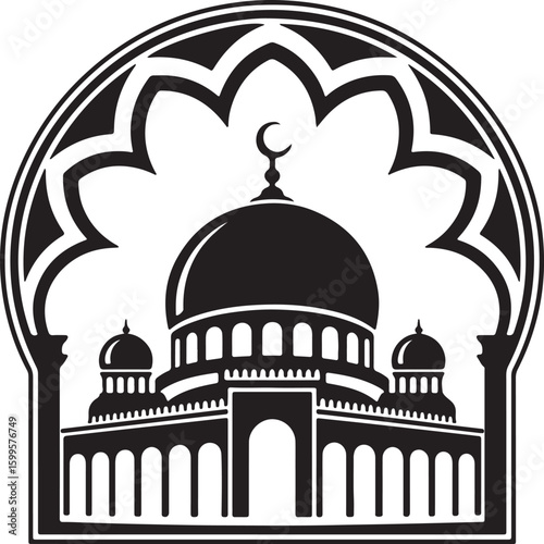 Islamic mosque silhouette with crescent moon and dome vector