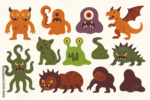 Set of Halloween mutant monsters flat vector icons