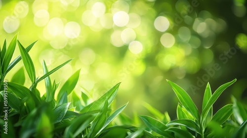 Green leaves against a blurred green background with bokeh effect. The natural green color of the leaves contrasts with the blurred background, creating a visually appealing image.