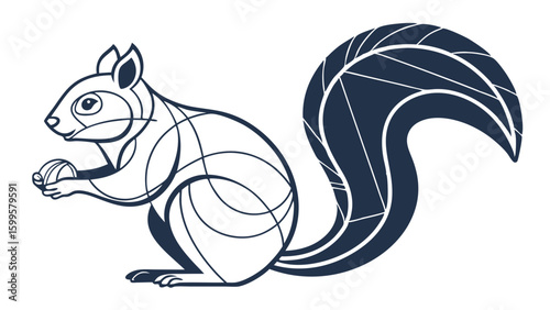 Stylized Squirrel Holding Nut with Geometric Line Design.