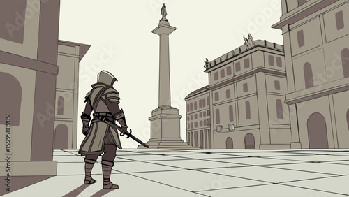 Assassin in Historical City Square Contemplating the Mission.