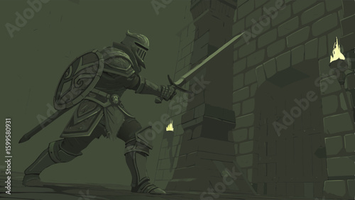 Armored Warrior Attacks Medieval Fortress Gate.