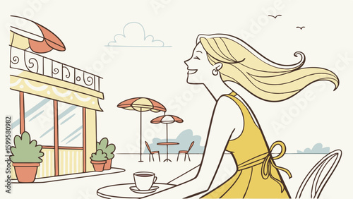 Blonde Woman Enjoying Coffee at a ParisianStyle Cafe.