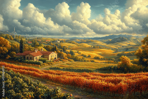 Vineyard painting set in hills.