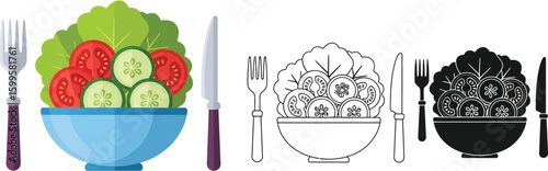 Vector salad bowl illustration with tomato cucumber lettuce fork and knife for healthy eating diet