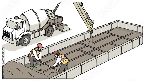 Concrete Pouring Construction Workers Leveling Wet Cement.