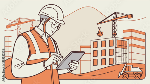 Construction Engineer Using Tablet at Building Site.