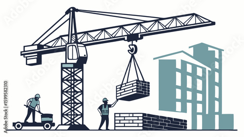 Construction Site Depicting Crane Workers Buildings and Brickwork.