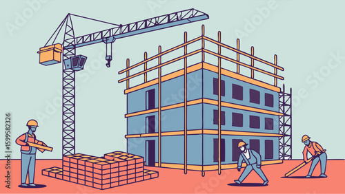 Construction Site Building Under Construction with Crane and Workers.
