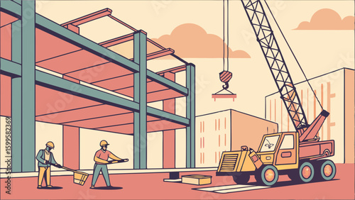 Construction Site with Crane and Workers Building a MultiStory Structure.