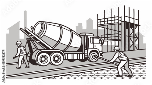 Construction site scene with workers and cement truck illustration.