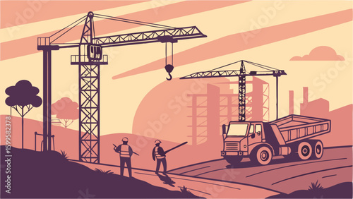 Construction Site with Cranes Dump Truck and Workers at Sunset.