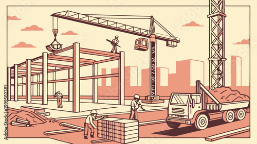 Construction Site with Crane and Workers.
